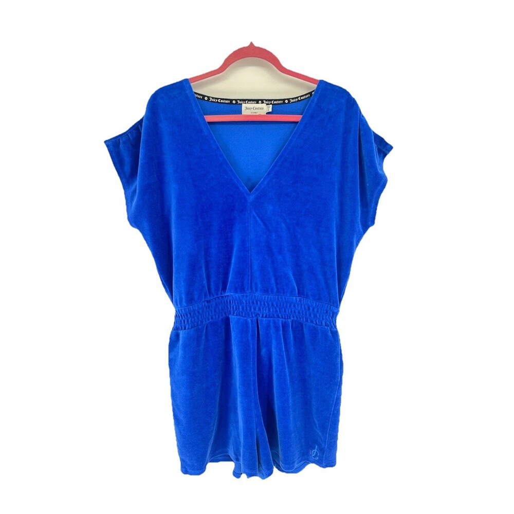 Juicy Couture Womens Velour Romper Size XL Blue V Neck Shorts Elastic Waist Y2K